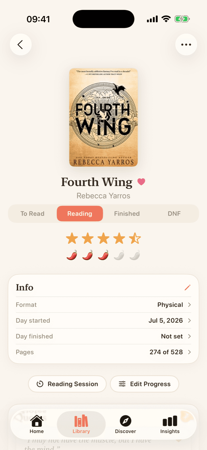 A book detail page with rating, dates and personal notes